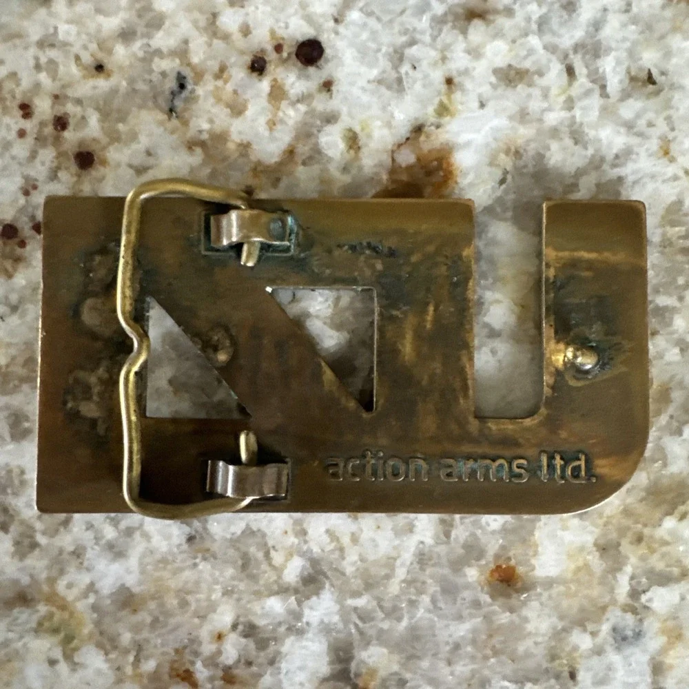 Solid Brass Action Arms Ltd. UZI Firearm Belt Buckle RARE 1970'S Great Condition